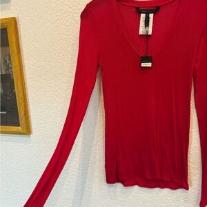 Red V-Neck Women's Fine Knit Top
